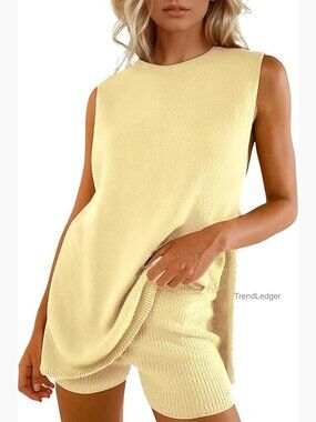 2 Piece Sweater Set Sleeveless Tunic Top and High Waist Shorts